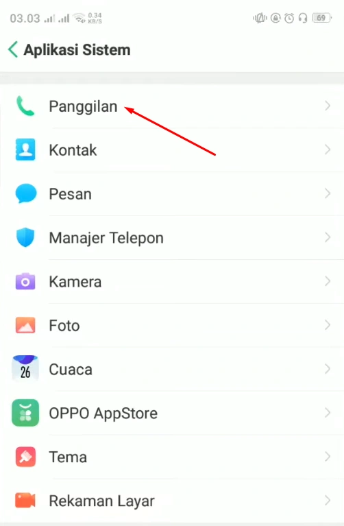 Menu Panggilan Aplikasi Sistem