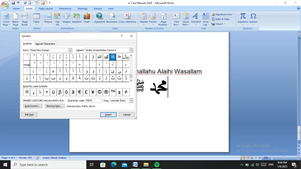 Tulis Menggunakan Fitur Symbol Shallallahu Alaihi Wasallam